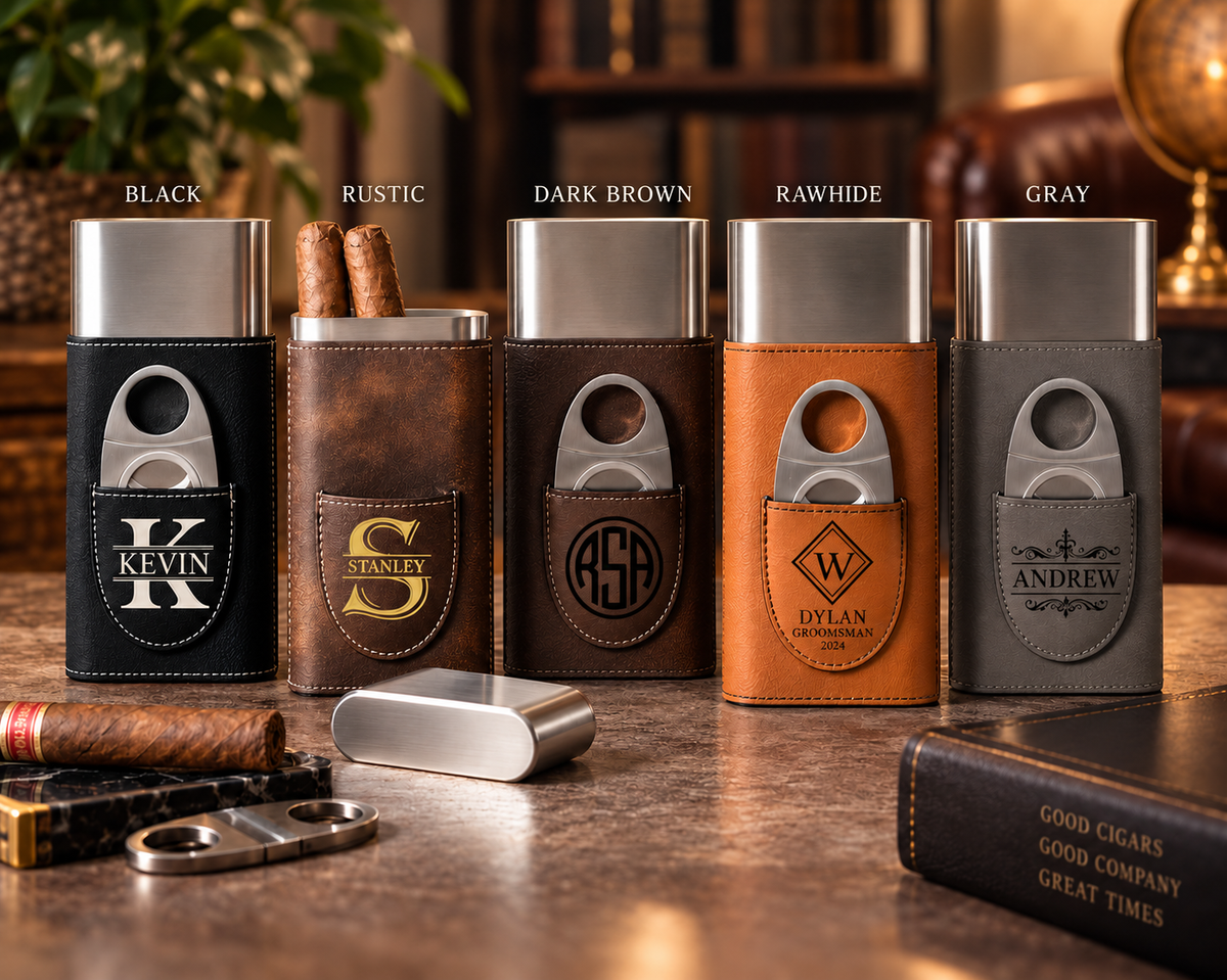 Personalized Cigar Case Gift Set with Stainless Steel Cigar Holder | Cigar Travel Case