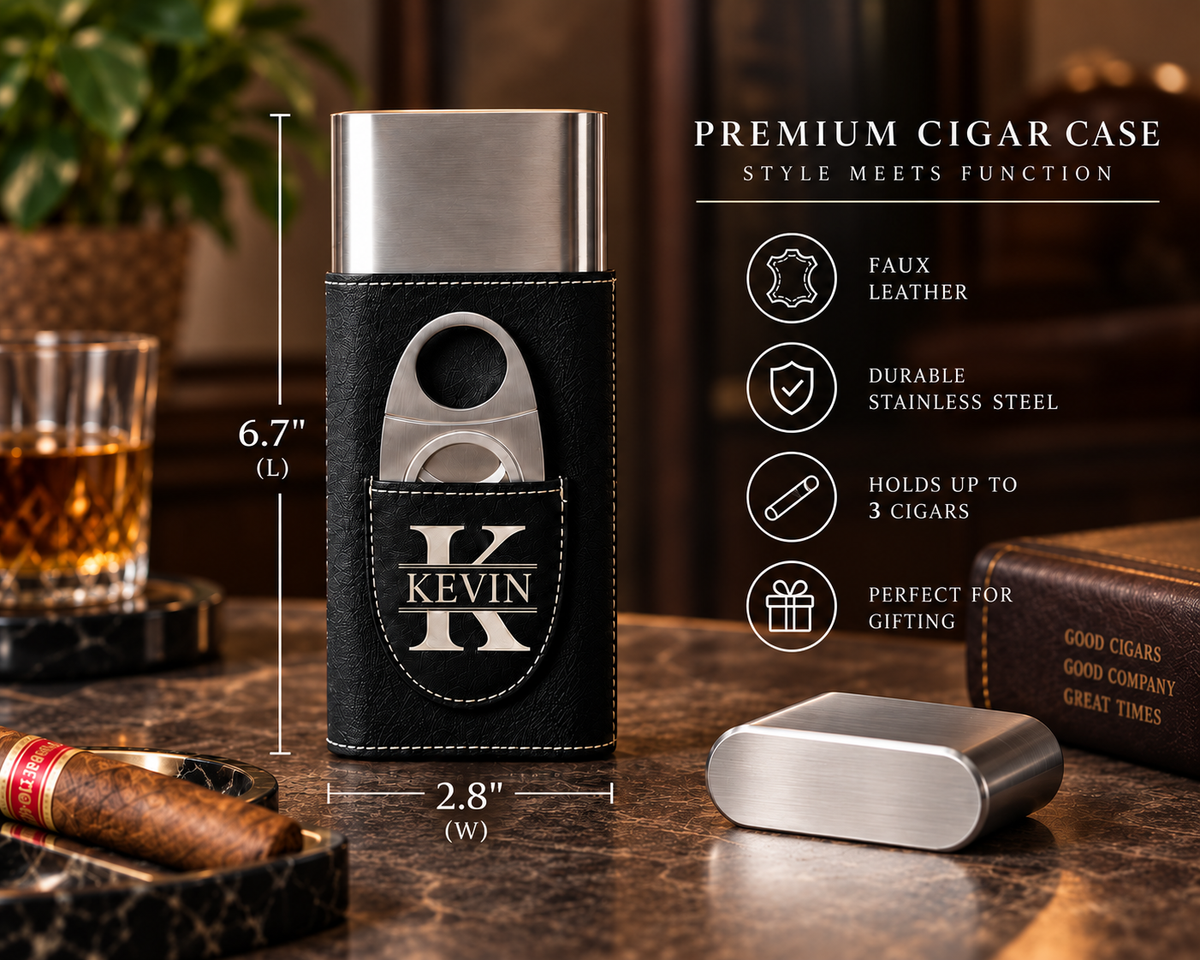 Personalized Cigar Case Gift Set with Stainless Steel Cigar Holder | Cigar Travel Case