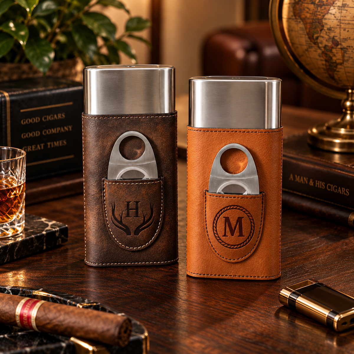 Personalized Cigar Case Gift Set with Stainless Steel Cigar Holder | Cigar Travel Case