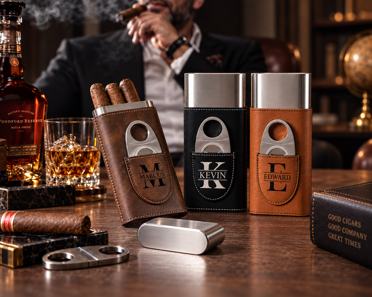 Personalized Cigar Case Gift Set with Stainless Steel Cigar Holder | Cigar Travel Case