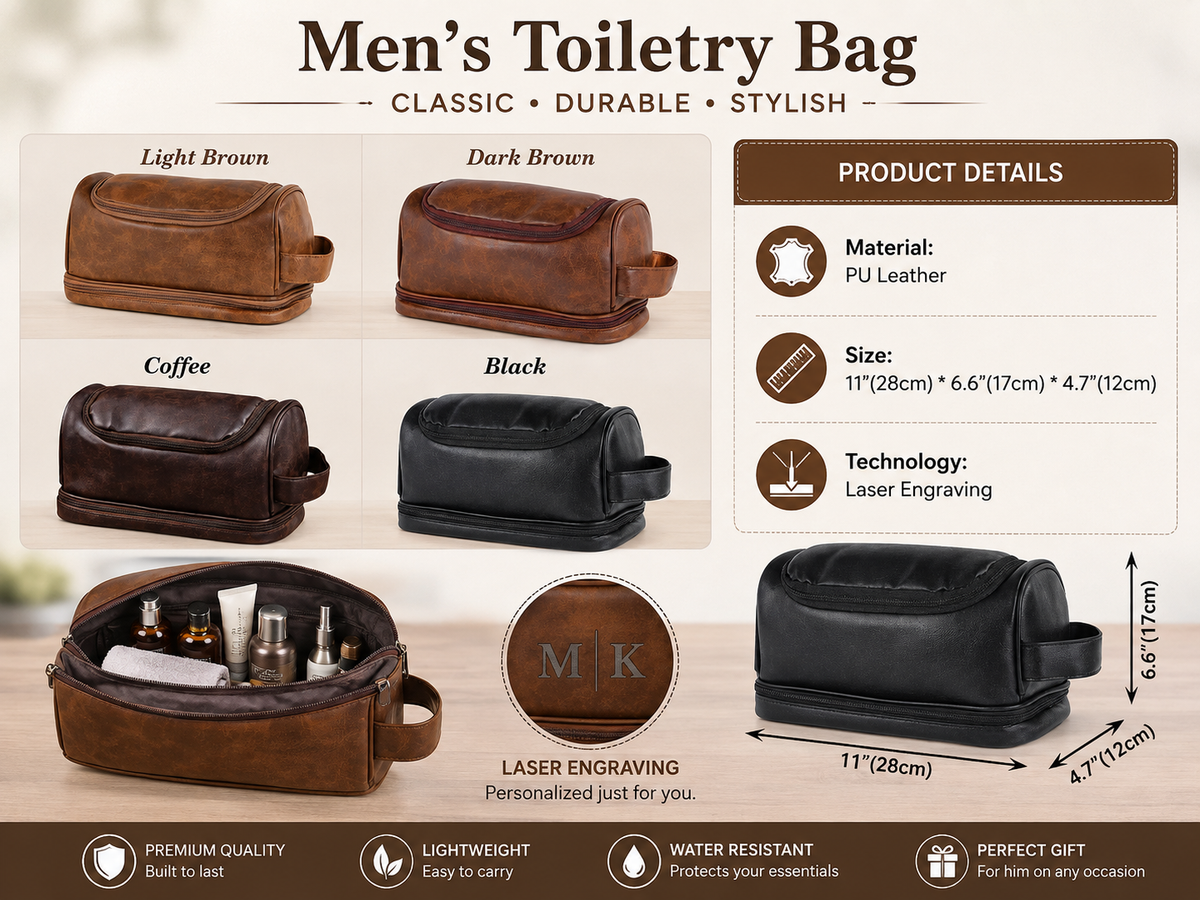 Personalized Men’s Travel Toiletry Bag with Custom Name | Luxury Grooming Bag | Gift Box Set