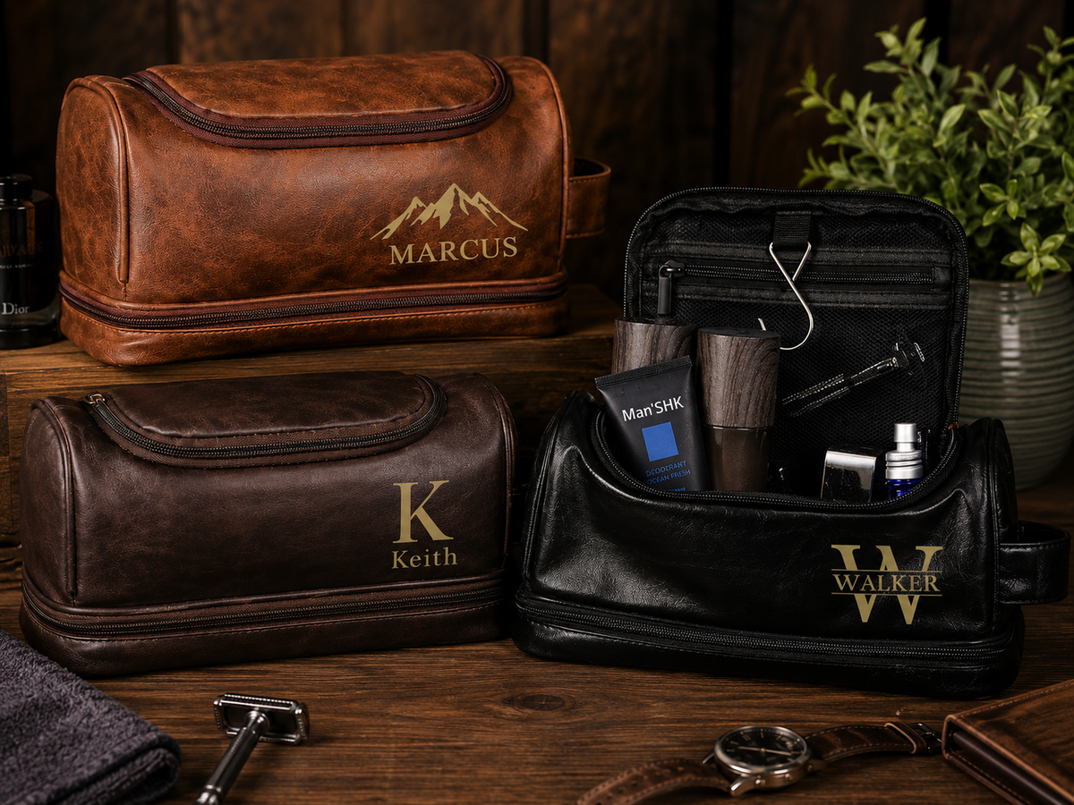 Personalized Men’s Travel Toiletry Bag with Custom Name | Luxury Grooming Bag | Gift Box Set