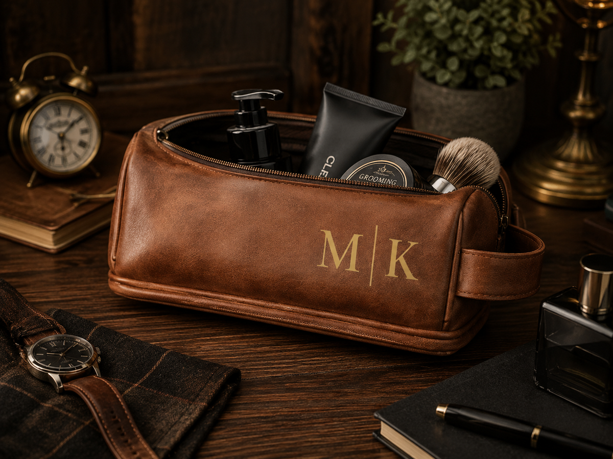 Personalized Men’s Travel Toiletry Bag with Custom Name | Luxury Grooming Bag | Gift Box Set