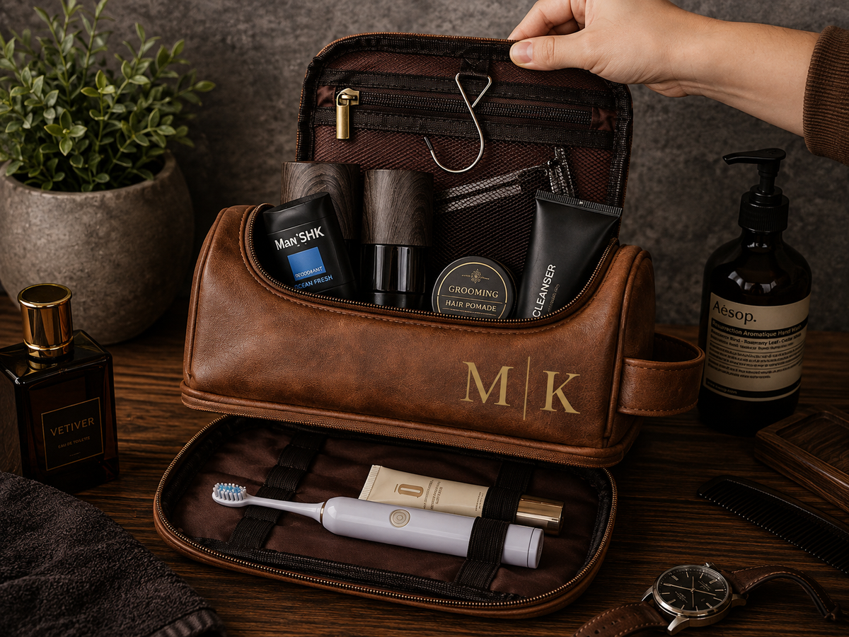Personalized Men’s Travel Toiletry Bag with Custom Name | Luxury Grooming Bag | Gift Box Set