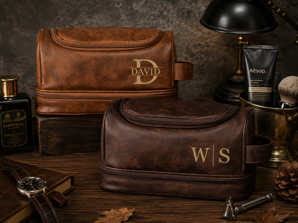 Personalized Men’s Travel Toiletry Bag with Custom Name | Luxury Grooming Bag | Gift Box Set