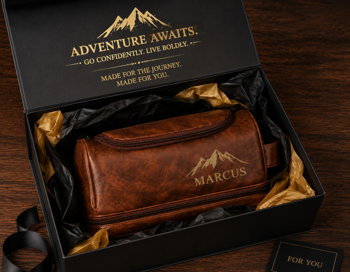 Personalized Men’s Travel Toiletry Bag with Custom Name | Luxury Grooming Bag | Gift Box Set