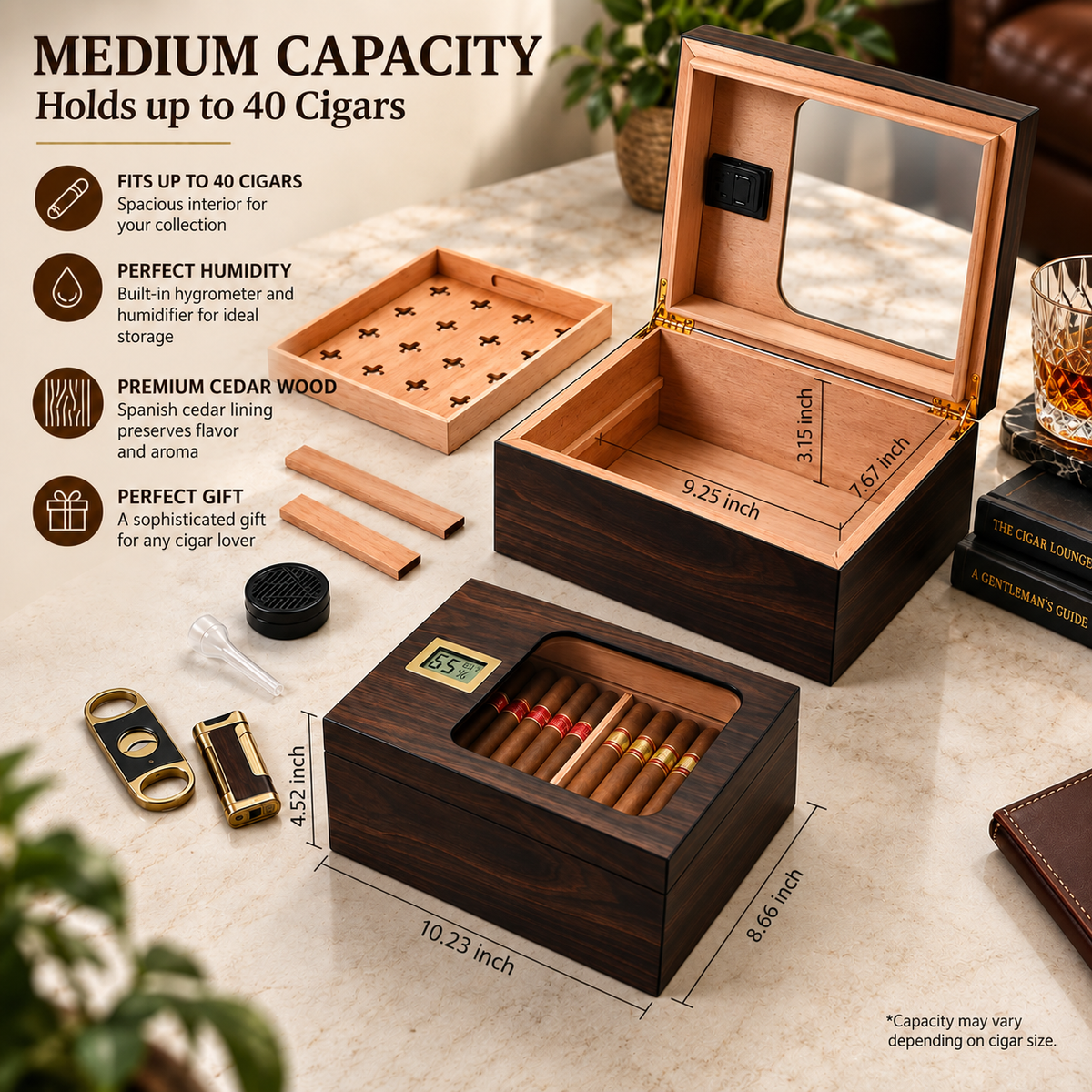 Personalized Luxury Cigar Humidor Gift Box | Spanish Cedar Desktop Humidor with Glass Top