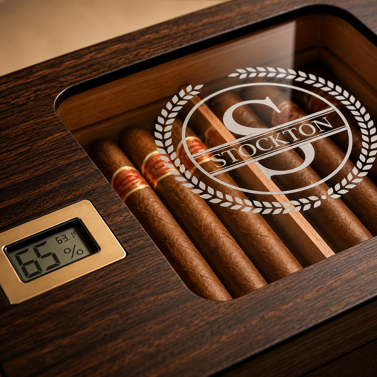 Personalized Luxury Cigar Humidor Gift Box | Spanish Cedar Desktop Humidor with Glass Top