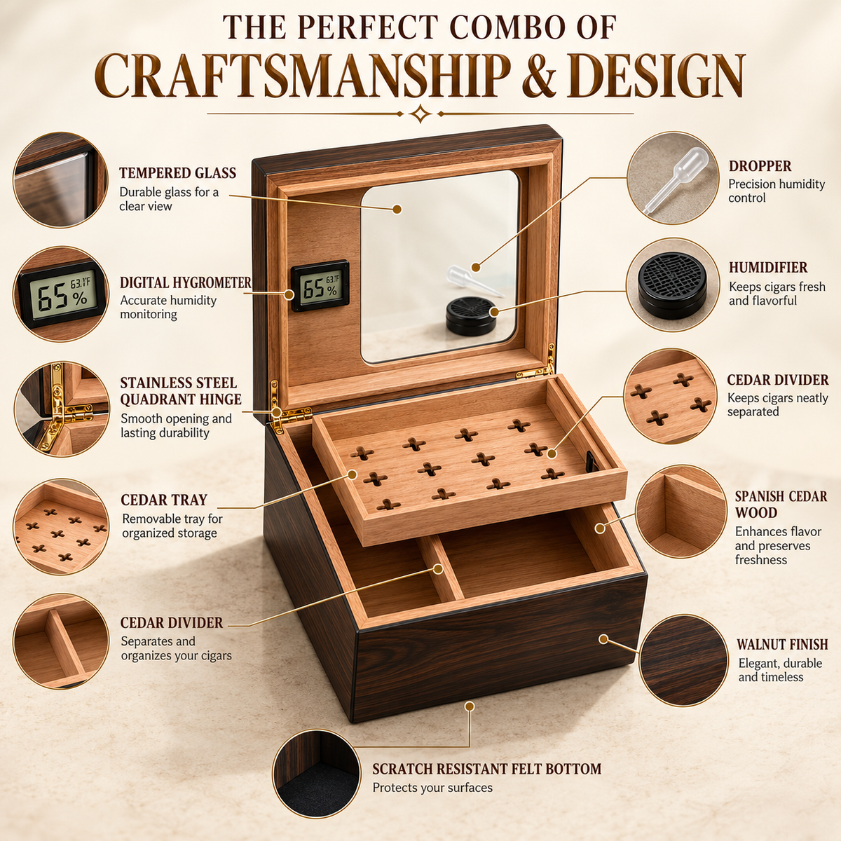 Personalized Luxury Cigar Humidor Gift Box | Spanish Cedar Desktop Humidor with Glass Top