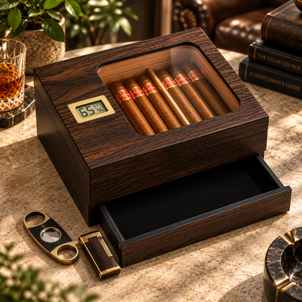 Personalized Luxury Cigar Humidor Gift Box | Spanish Cedar Desktop Humidor with Glass Top