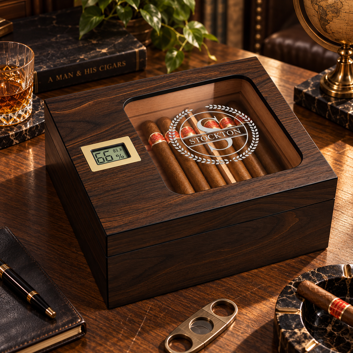 Personalized Luxury Cigar Humidor Gift Box | Spanish Cedar Desktop Humidor with Glass Top