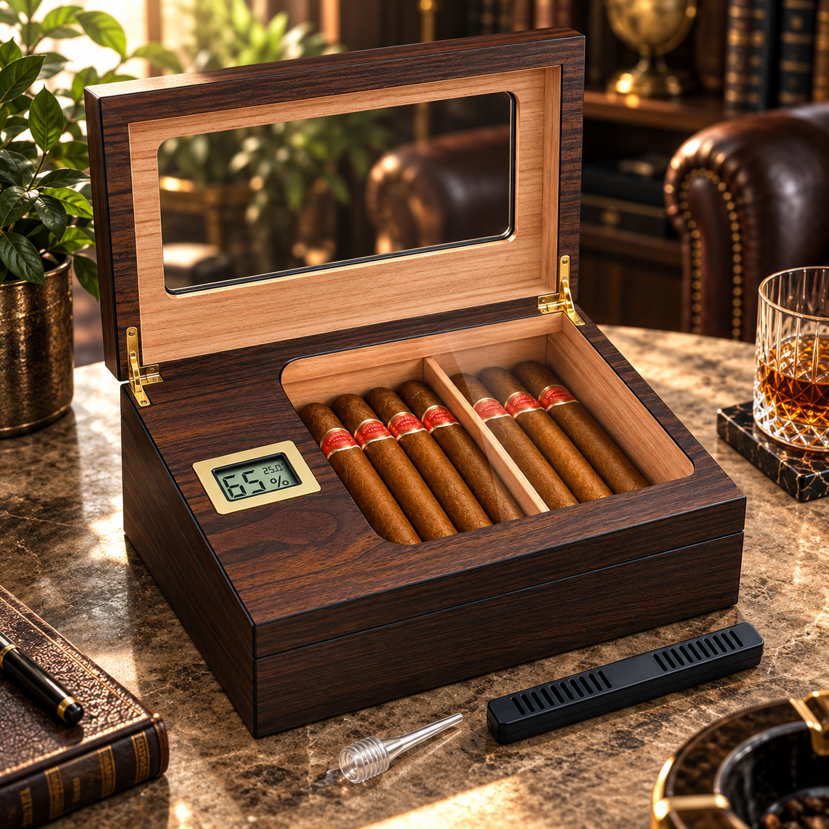 Personalized Luxury Cigar Humidor Gift Box | Spanish Cedar Desktop Humidor with Glass Top