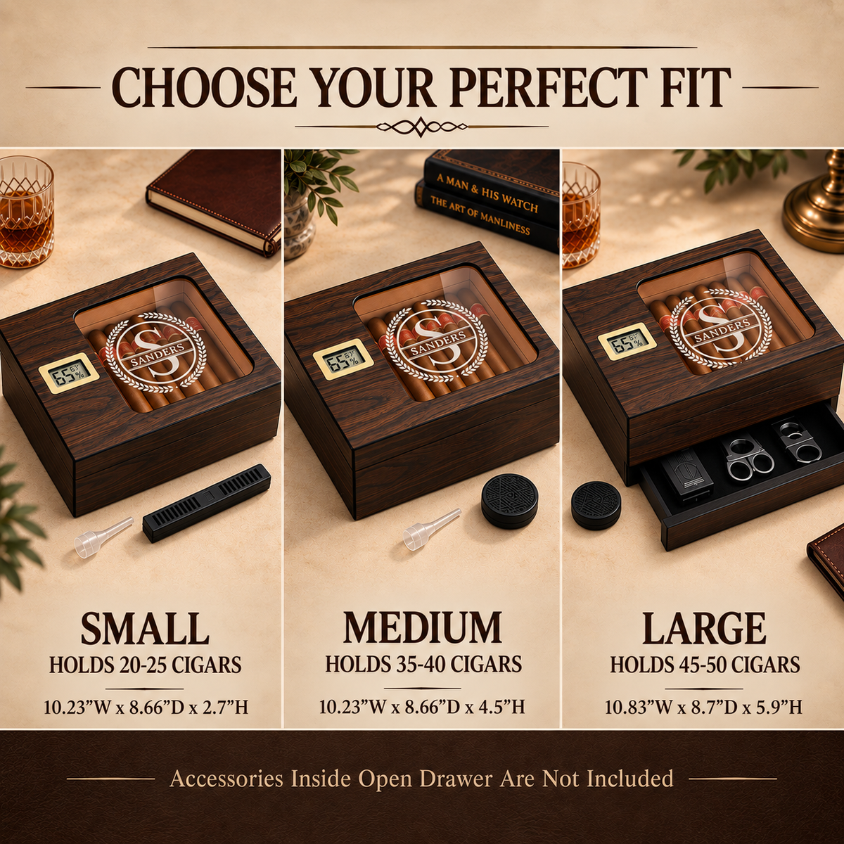 Personalized Luxury Cigar Humidor Gift Box | Spanish Cedar Desktop Humidor with Glass Top