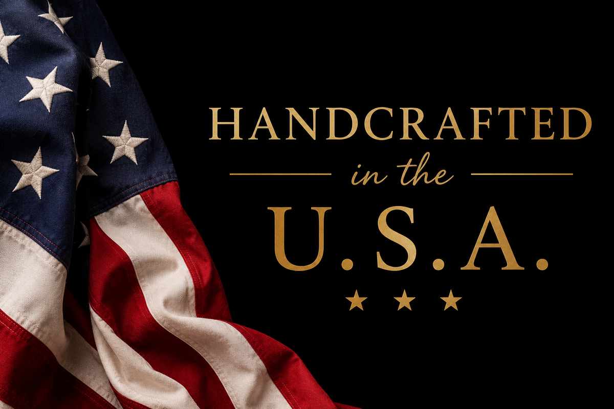 An American flag is draped along the left side of a solid black background, with gold text on the right reading 'HANDCRAFTED in the U.S.