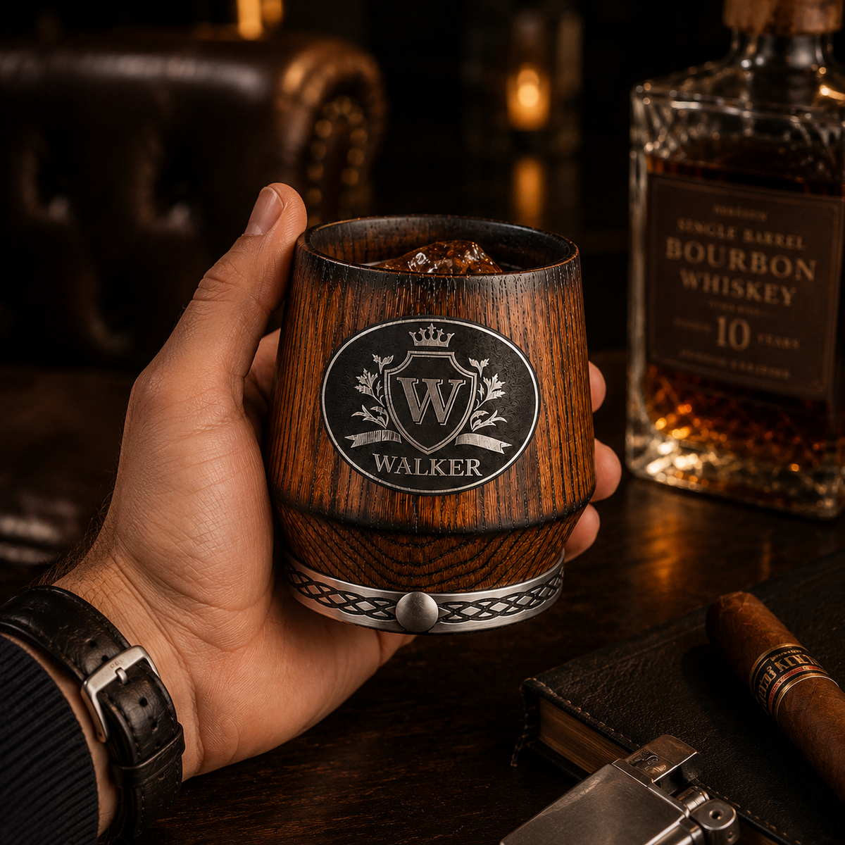 Personalized Wooden Whiskey Tumbler | Engraved Charred Oak Bourbon Glass | Rustic Whiskey Gift for Men